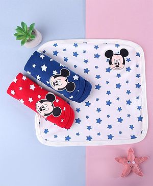 Babyhug Disney Interlock Knit Hands and Face Towel With Mickey Mouse Graphic Pack of 3 L 28 x B 28 cm - White Blue & Red