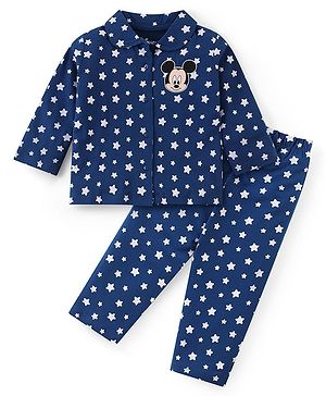 Babyhug Disney Cotton Knit Full Sleeves Front Open Night Suit With Stars & Mickey Mouse Print - Navy