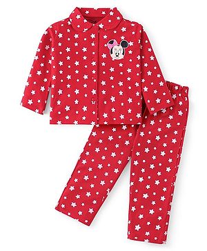 Babyhug Disney Single Jersey Full Sleeves Front Open Night Suit with Star & Minnie Mouse Print - Red