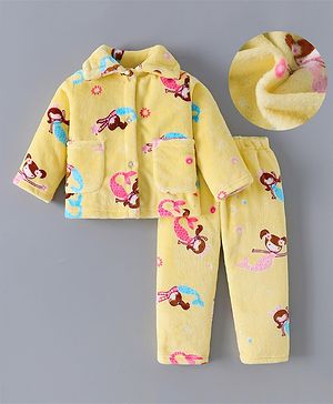 Kookie Kids Full Sleeves Front Open Collared Winter Wear Night Suit With Mermaid Print- Yellow