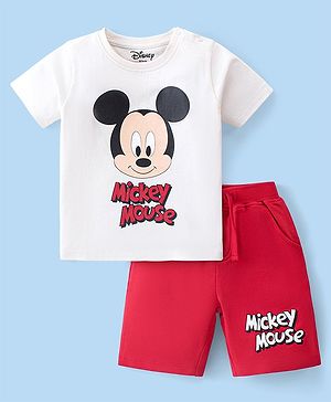 Babyhug Disney Cotton Knit Half Sleeves T-Shirt & Shorts Set With Mickey Mouse Print - White & Red