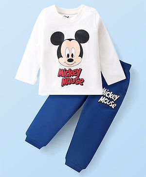 Babyhug Disney Single Jersey Knit Full Sleeves T-Shirt & Joggers Set With Micky Mouse Graphics - White & Blue