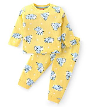 Babyhug Cotton Knit Full Sleeves Night Suit with Elephant Print - Yellow