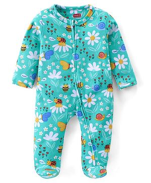 Babyhug Cotton Knit Full Sleeves Footed Sleep Suit with Floral Print - Green