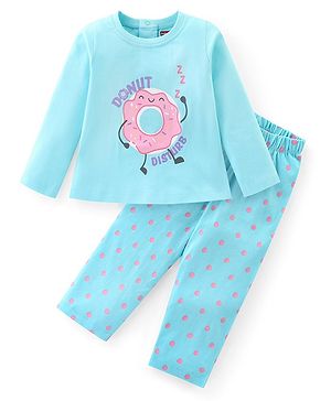 Babyhug Cotton Knit Full Sleeves Night Suit With Doughnut Print - Aqua Blue