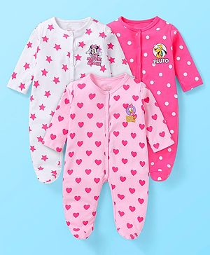 Babyhug Disney Interlock Knit Full Sleeves Sleep Suits With Minnie Mouse & Friends Graphics Pack of 3 - White Pink & Dark Pink