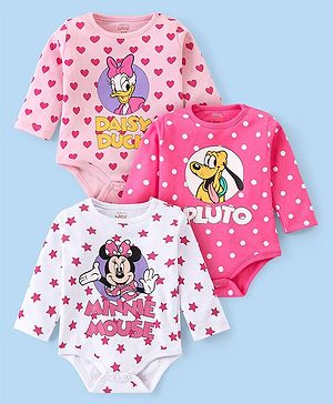 Babyhug Disney Interlock Knit Full Sleeves Onesies With Minnie Mouse & Friends Graphics Pack of 3 -Pink & White