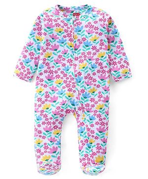 Babyhug Cotton Knit Full Sleeves Footed Sleep Suit with Floral Print - White