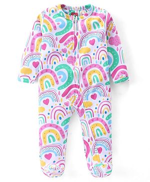 Babyhug Cotton Knit Full Sleeves Footed Sleep Suit with Heart Print - White