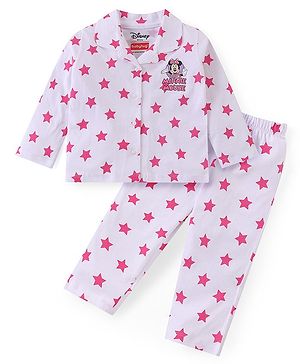 Babyhug Disney Cotton Knit Full Sleeves Front Open Night Suit With Stars & Minnie Mouse Print - Off White