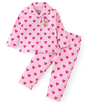 Babyhug Disney Single Jersey Knit Full Sleeves Front Open Night Suit With Daisy Duck & Hearts Print - Pink
