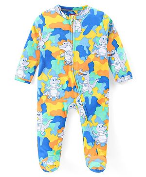 Babyhug Cotton Knit Full Sleeves Sleep Suit With Crocodiles Print - Multicolor