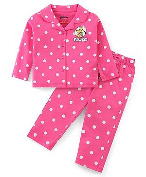Babyhug Disney Single Jersey Knit Full Sleeves Front Open Night Suit With Pluto & Polka Dots Print - Dark Pink