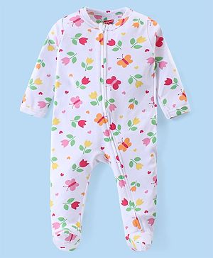 Babyhug Cotton Knit Full Sleeves Sleep Suit With Floral Print - White