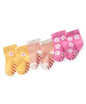 Cute Walk by Babyhug Anti Skid Ankle Length Antibacterial Knitted Striped & Floral Design Socks Pack Of 3 - Pink Peach & Yellow