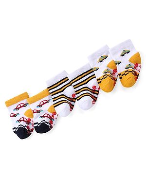 Cute Walk by Babyhug Anti Skid Ankle Length Antibacterial Knitted Striped & Car Design Socks Pack Of 3 - White & Yellow
