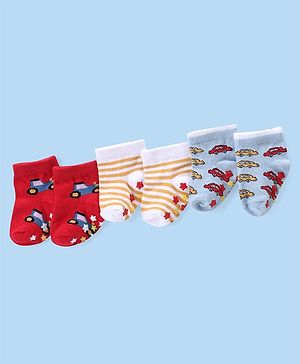 Cute Walk by Babyhug Anti Skid Ankle Length Antibacterial Knitted Striped & Car Design Socks Pack Of 3 - Blue Red & White