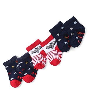Cute Walk by Babyhug Anti Skid Ankle Length Antibacterial Knitted Striped & Aeroplane Design Socks Pack Of 3 - Blue & Red
