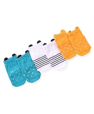 Cute Walk by Babyhug Anti Skid Ankle Length Antibacterial Knitted Striped & Polka Dots Design Socks Pack Of 3 - Blue White & Yellow