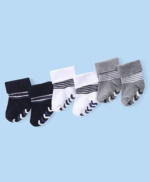 Cute Walk by Babyhug Anti Skid Ankle Length Antibacterial Knitted Striped Socks Pack Of 3 - Blue  White & Grey