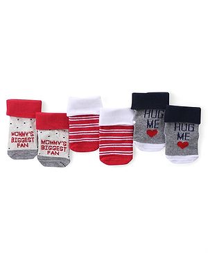 Cute Walk by Babyhug Anti Skid Ankle Length Antibacterial Knitted Striped & Text Design Socks Pack Of 3 - Red Grey & White