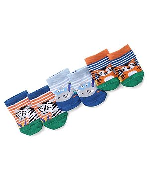 Cute Walk by Babyhug Anti Skid Ankle Length Antibacterial Knitted Striped & Animal Design Socks Pack Of 3 - Orange Blue & Green