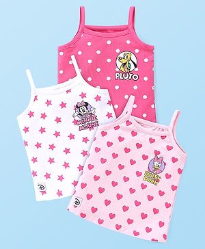 Babyhug Disney Cotton Lycra Knit Singlet Sleeves Slips With Minnie Mouse & Friends Graphics Pack of 3 - Pink & White