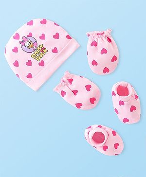 Babyhug Disney Cotton Knit Cap Mittens & Booties Set with Heart & Daisy Duck Graphic - Pink