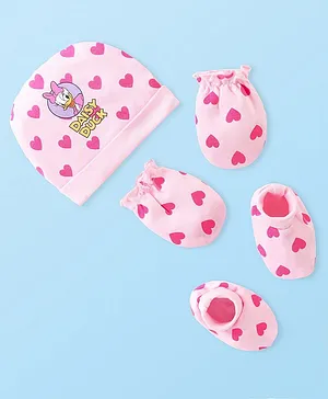 Babyhug 100% Cotton Interlock Knit Cap Mittens And Booties Heart Print - Pink main image 0
