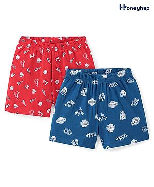 Honeyhap Premium 100% Cotton Single Jersey Knit Boxers with Sports Theme Print Pack of 2 - Mykonos Navy & High Risk Red