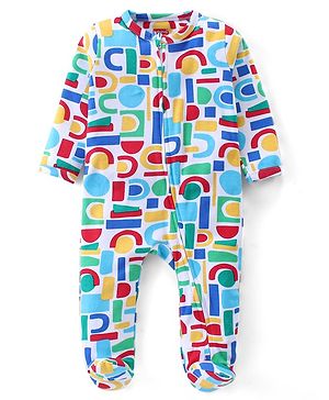 Babyhug Cotton Knit Full Sleeves Footed Sleep Suit with Abstract Print - White
