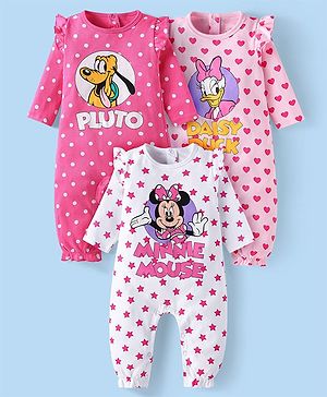Babyhug Disney Interlock Knit Full Sleeves Polka Dots & Minnie Mouse & Friends Printed Romper with Frill Detailing Pack of 3 - Pink & White