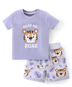 Babyhug Cotton Knit Half Sleeves T-Shirt & Shorts Set With Tiger Print - Purple