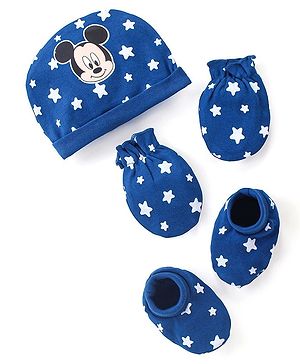 Babyhug Disney  Caps Mittens & Booties Set With Mickey Mouse Graphic - Blue