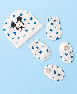 Babyhug Disney Interlock Knit Cap Mittens & Booties Set Mickey Mouse & Star Printed - White