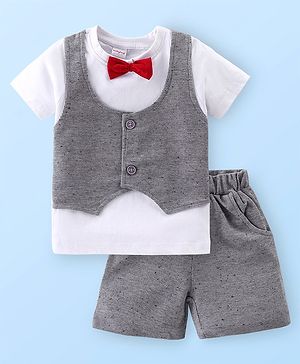 Babyhug Cotton Knit Half Sleeves T-Shirt With Bow &  Attached Waist Coat & Shorts Set - White & Grey