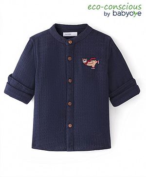 Babyoye 100% Cotton Woven Solid Dyed Full Sleeves Mandarin Collar Solid Shirt With Bear Embroidery - Blue