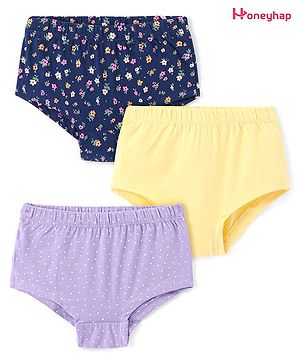 Honeyhap Premium  Cotton Elastane Single Jersey Bio Finish Hipster Panties with Floral & Polka Dots Print - Navy Peony Popcorn Yellow & Lavender