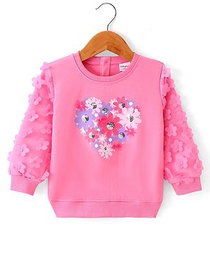 Babyhug Knit Full Sleeves Sweatshirt With Floral Graphics & Mesh Detailing - Pink