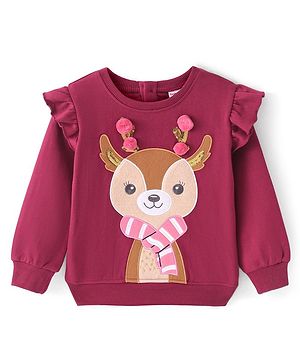 Babyhug Disney Cotton Knit Full Sleeves High Neck Sweatshirt With Reindeer Patch & Pom Pom Detailing - Maroon