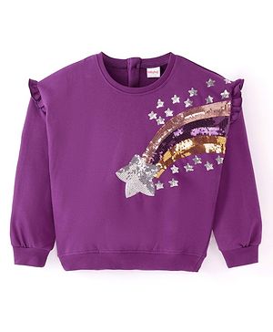 Babyhug Cotton Knit Full Sleeves Sweatshirt With Sequined Rainbow & Star Embroidery - Purple