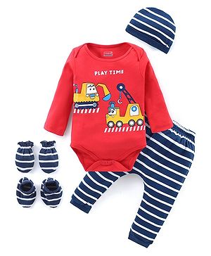 Babyhug 100% Cotton Knit Full Sleeves Truck Printed Onesies &  Legging Set with Striped Cap & Pair of  Mittens & Booties - Red