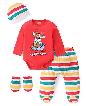 Babyhug 100% Cotton Knit Full Sleeves Dear Print Onesie with Striped Leggings and Cap Mittens - Red