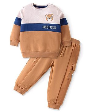 Babyhug Terry Knit Full Sleeves Cut & Sew T-Shirt & Pant Set with Bear & Text  Print - Brown
