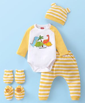 Babyhug 100% Cotton Knit Raglan Full Sleeves  Striped & Dino Printed Onesie with Legging Cap & Mittens Booties Set - Yellow