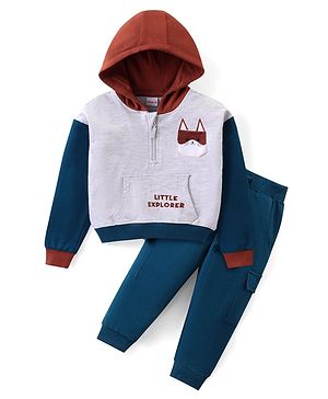 Babyhug Terry Knit Full Sleeves Hooded Front Zipper T-Shirt With Kangaroo Pockets & Kitten Applique & Lounge Pants Set - Grey & Blue