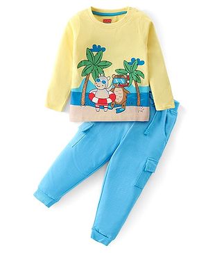 Babyhug Cotton Knit Full Sleeves T-Shirt & Lounge Pants Set With Beach Animals Print - Yellow & Blue