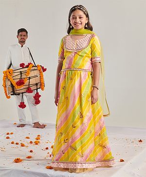 Pspeaches Cotton Blend Half Sleeves Leaves Embroidered  Lehenga Choli  With Dupatta - Yellow