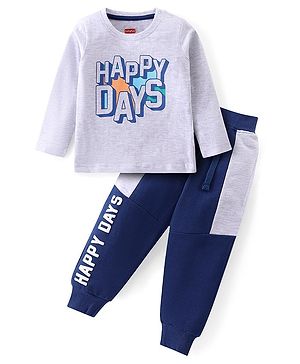 Babyhug Single Jersey Knit Full Sleeves T-Shirt & Lounge Pants Set With Text Print - Grey Blue