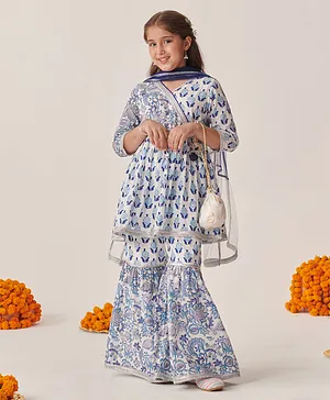 Pspeaches Cotton Three Fourth Sleeves
                              Ethnic Motif Printed Kurta With Sharara
                              & Dupatta - Blue